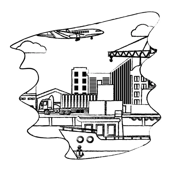 Grunge Lieferservice Schiff Und Lkw Container Mit Flugzeug Vektor Illustration — Stockvektor