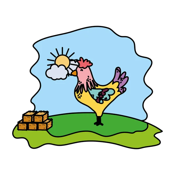 彩色公鸡农场动物与秸秆桶向量例证 — 图库矢量图片