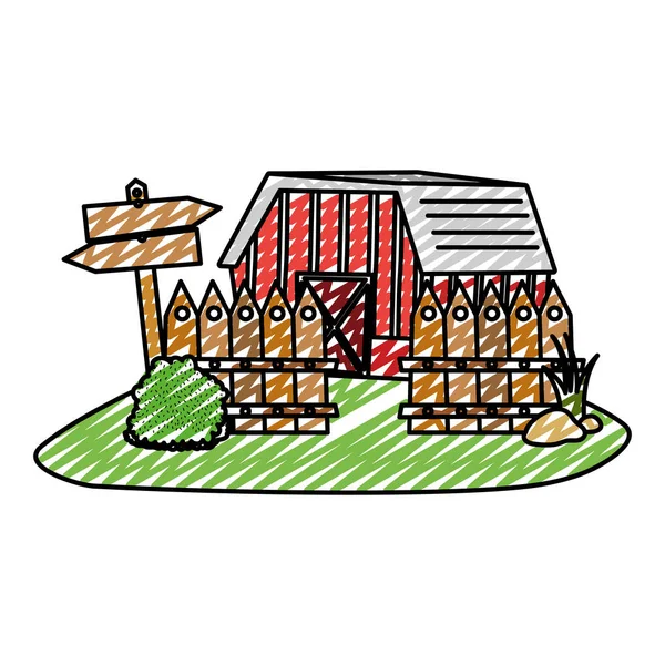 Doodle Dům Farmu Dřevěným Roštu Emblém Oznámení Vektorové Ilustrace — Stockový vektor