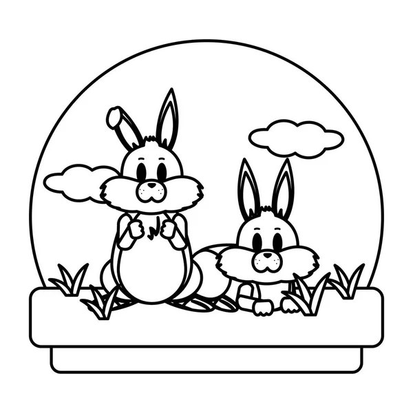 Line Cute Rabbits Friends Animals Landscape Vector Illustration — Stock Vector