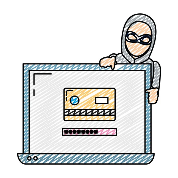 Doodle Laptop Credit Card Hacker Data Vector Illustration — Stock Vector