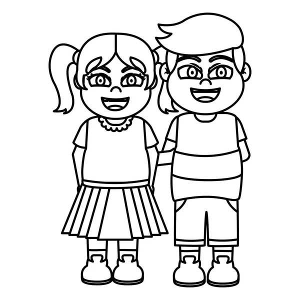 Line Happy Girl Dan Boy Children Friends Vector Illustration - Stok Vektor