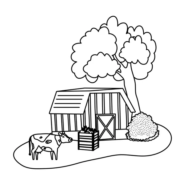 Linie Dům Farma Krávou Zvířata Lilku Vektorové Ilustrace — Stockový vektor