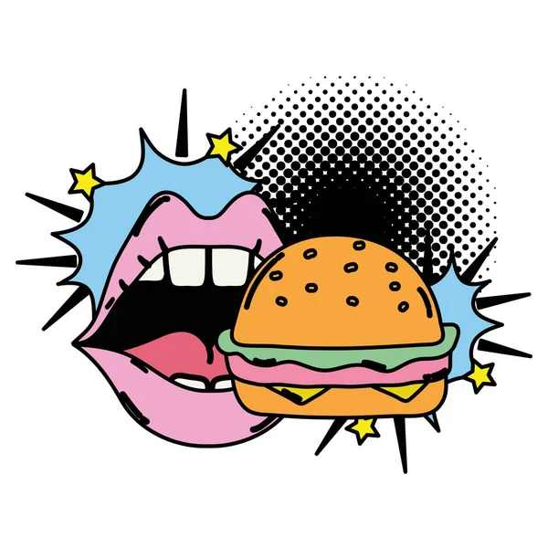 Cor Mulher Boca Comer Hambúrguer Fastfood Vetor Ilustração — Vetor de Stock