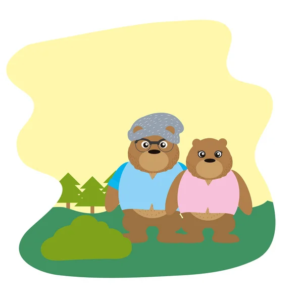 Couple Ours Animal Avec Des Vêtements Dans Paysage Illustration Vectorielle — Image vectorielle