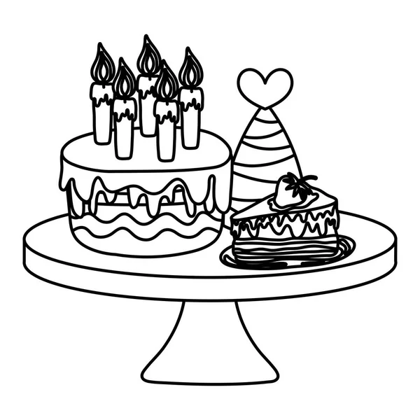 Line Cakes Party Hat Table Birthday Vector Illustration — Stock Vector