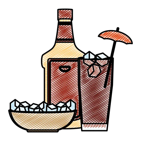 涂鸦鸡尾酒玻璃和酒瓶与冰块矢量插图 — 图库矢量图片