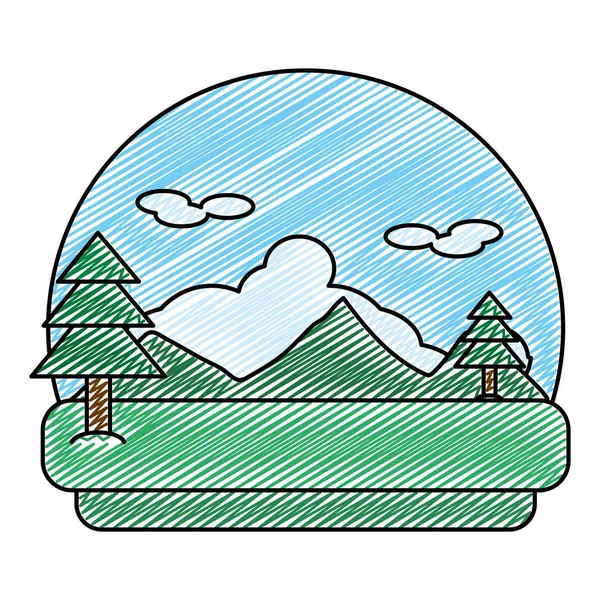 Doodle Paisaje Naturaleza Con Pinos Árboles Montañas Vector Ilustración — Vector de stock