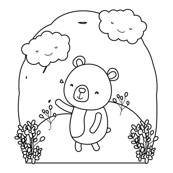 Line Cute Bear Animal Landscape Clouds Vector Illustration — Stock Vector