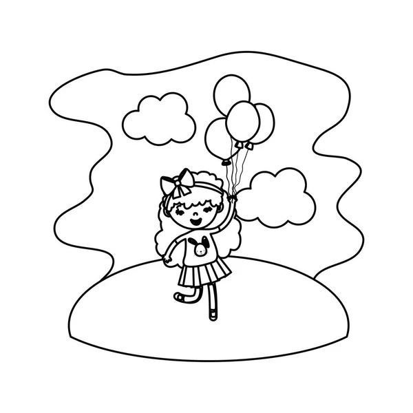 Ligne Fille Mignonne Enfant Avec Des Ballons Dans Paysage Illustration — Image vectorielle