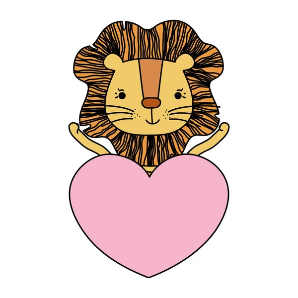 Couleur Lion Mignon Animal Sauvage Avec Illustration Vectorielle Coeur — Image vectorielle