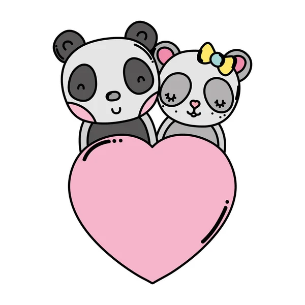 Couleur Panda Couple Avec Coeur Amour Signe Vectoriel Illustration — Image vectorielle