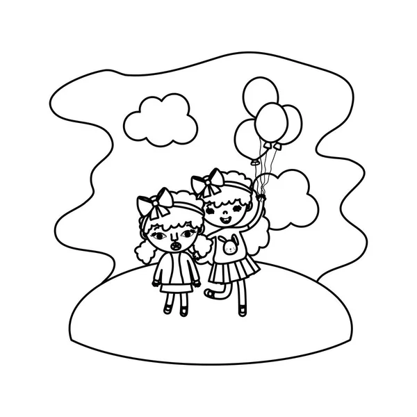 Γραμμή Χαριτωμένα Κορίτσια Παιδιά Μπαλόνια Στο Τοπίο Διανυσματικά Εικονογράφηση — Διανυσματικό Αρχείο
