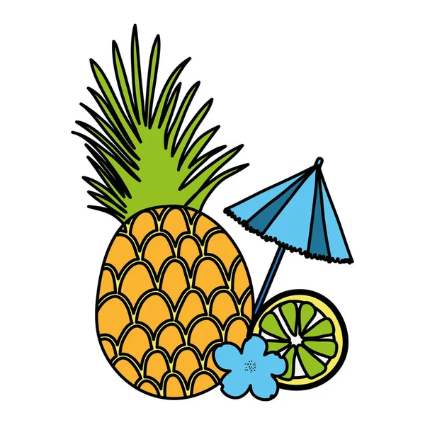 Färg Exotisk Ananas Och Citron Med Öppen Paraply Vektorillustration — Stock vektor