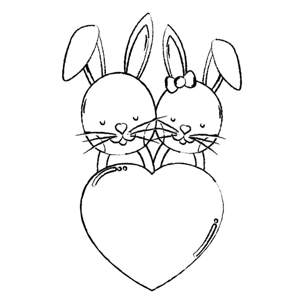 Couple Lapin Grunge Avec Coeur Signe Amour Illustration Vectorielle — Image vectorielle