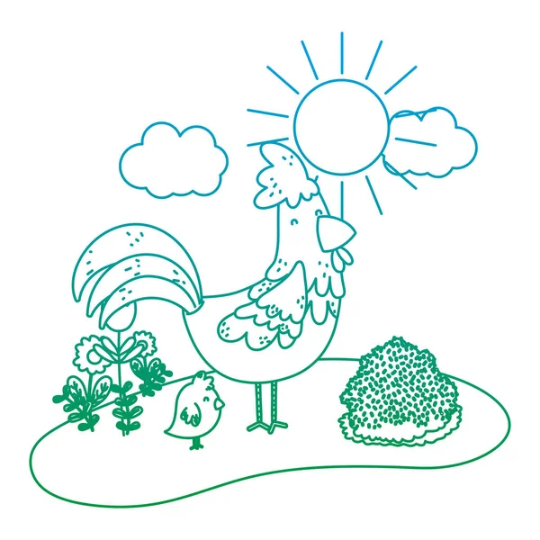 Деградированная Линия Хорошая Курица Цыплятами Сельскохозяйственных Животных Векторной Иллюстрации — стоковый вектор