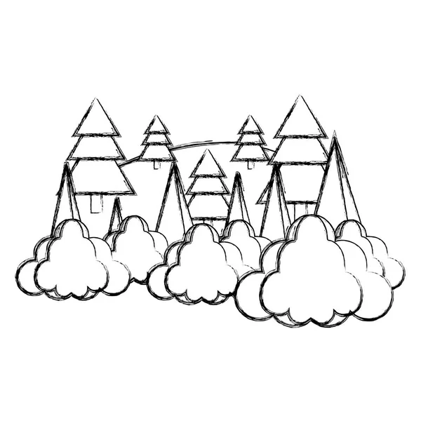 Grunge Nature Pin Avec Nuages Paysage Vectoriel Illustration — Image vectorielle