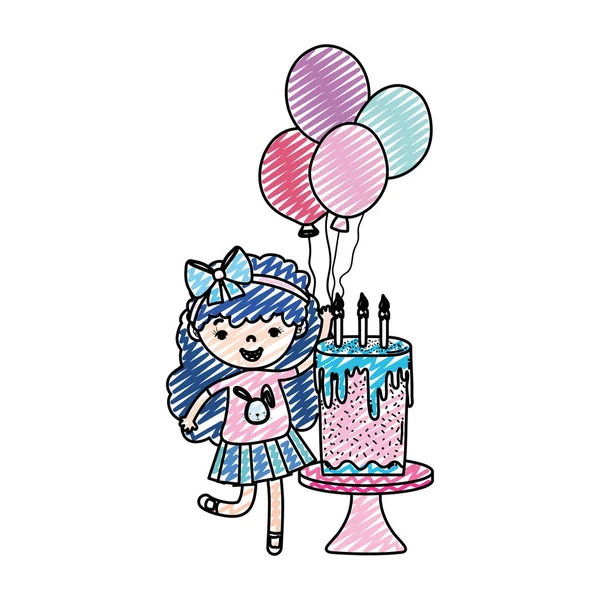 Doodle Mädchen Kind Mit Luftballons Und Süßen Kuchen Vektor Illustration — Stockvektor