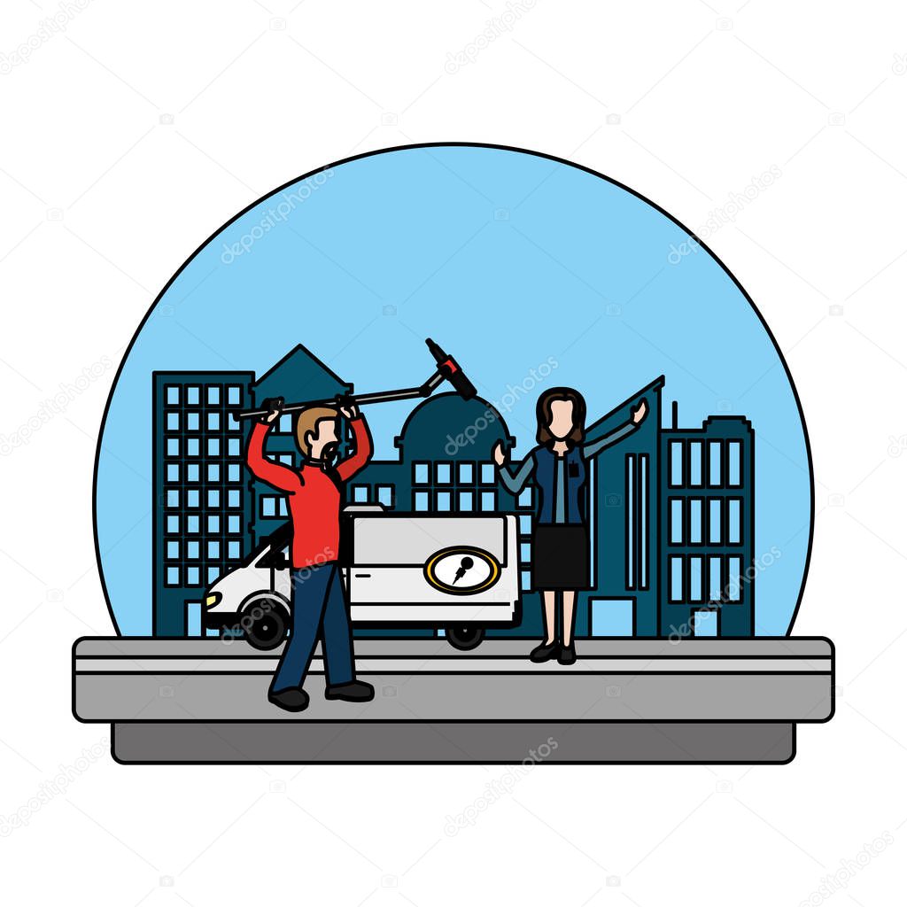 color journalist van and cameraman with microphone reporter vector illustration