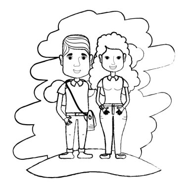 Grunge hoş kadın ve erkek çift peyzaj illüstrasyon vektör