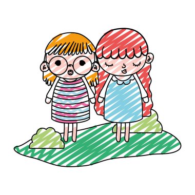 güzel kız çocuk saç modeli manzara vektör çizim içinde doodle