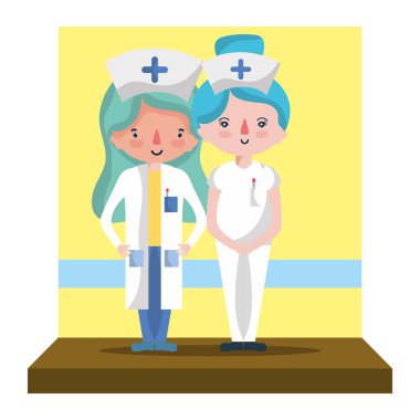 mutlu hemşireler ile birlikte profesyonel Tekdüzen vektör çizim