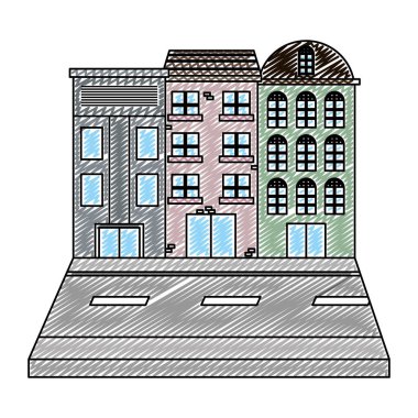 kentsel binalar wih pencere ve sokak şehir vektör çizim doodle