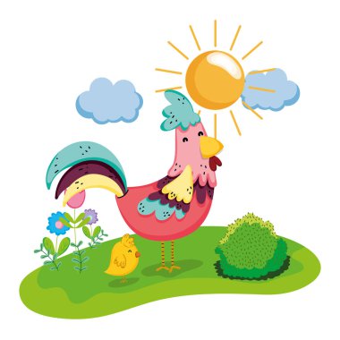 güzel tavuk civciv çiftlik hayvanları ile vektör çizim