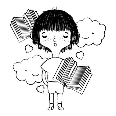 grunge çocuk ile kitap ve kawaii bulutlar illüstrasyon vektör