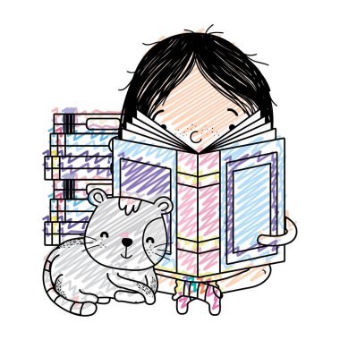 oturma ve kedi hayvan vektör çizim ile kitap okuma kız doodle