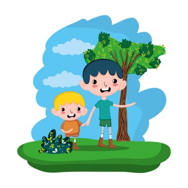 güzel çocuk çocuklar ormanda vektör çizim rezerv