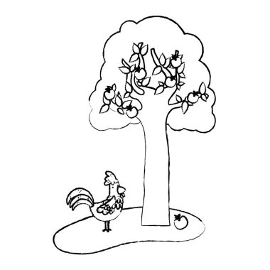 Grunge elma ağacı ve horoz çiftlik hayvan vektör çizim