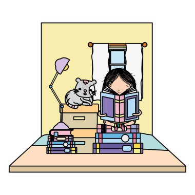kız okuma kitaplar kutuları ve kedi vektör çizim ile renk