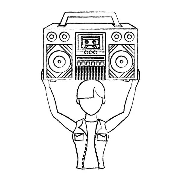 Mujer Grunge Alojamiento Retro Radio Moda Vector Ilustración — Vector de stock