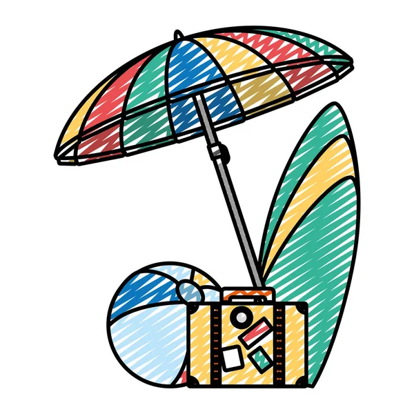 Doodle Schirm Mit Surfbrett Und Beachball Zur Reisevektorillustration — Stockvektor