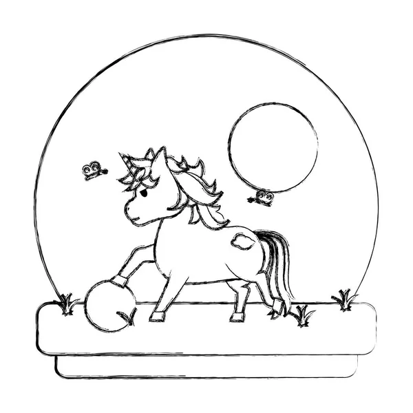 Гранж Единорог Прической Играющий Мячом Векторной Иллюстрации Ландшафта — стоковый вектор