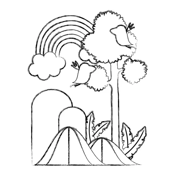 Grunge Árvore Natural Montanhas Com Arco Íris Paisagem Vetor Ilustração — Vetor de Stock