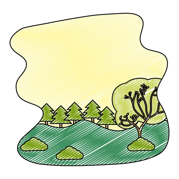 Doodle Paisaje Naturaleza Con Pinos Montañas Vector Ilustración — Vector de stock