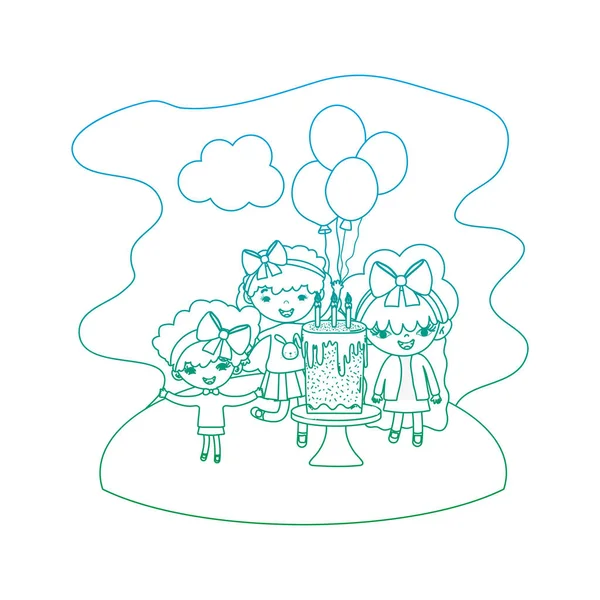 Υποβαθμισμένη Γραμμή Κορίτσια Παιδιά Μπαλόνι Και Κέικ Την Εικονογράφηση Διάνυσμα — Διανυσματικό Αρχείο