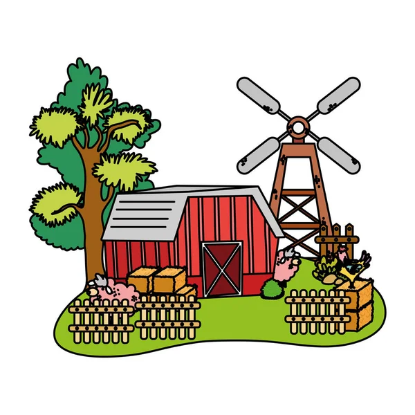 Barevné Dům Farmu Dřevěným Roštu Ovce Vektorové Ilustrace — Stockový vektor