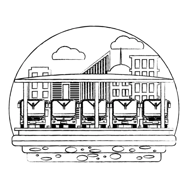 Гранж Передние Автобусы Транспорта Векторные Иллюстрации Городской Станции — стоковый вектор