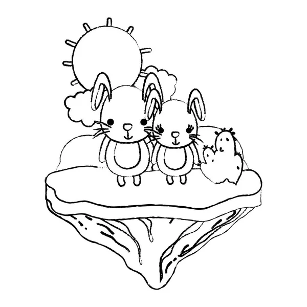 Grunge Agradable Pareja Conejo Isla Flotante Vector Ilustración — Vector de stock
