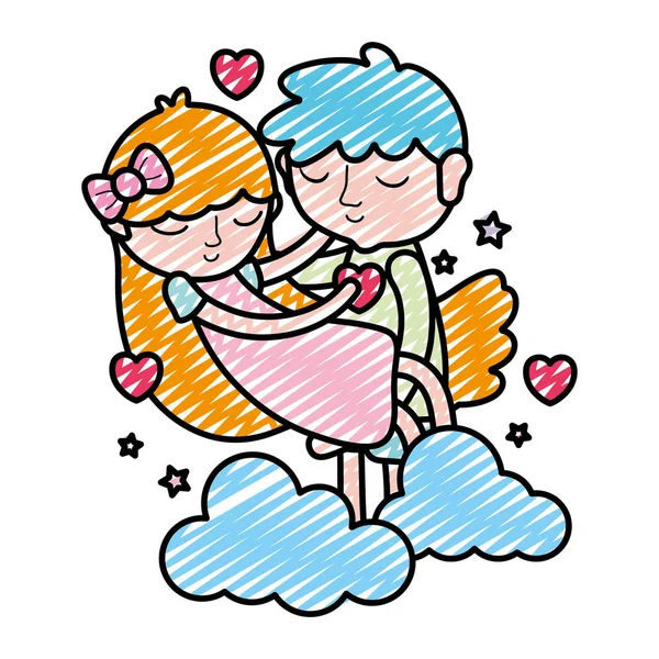 Doodle Boy Girl Sleeping Hearts Clouds Vector Illustration — Stock Vector