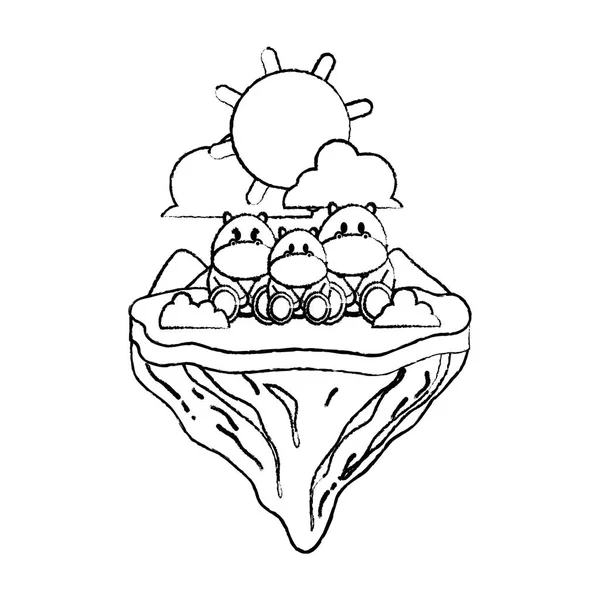 Familia Grunge Hipopótamo Animal Isla Flotante Vector Ilustración — Archivo Imágenes Vectoriales