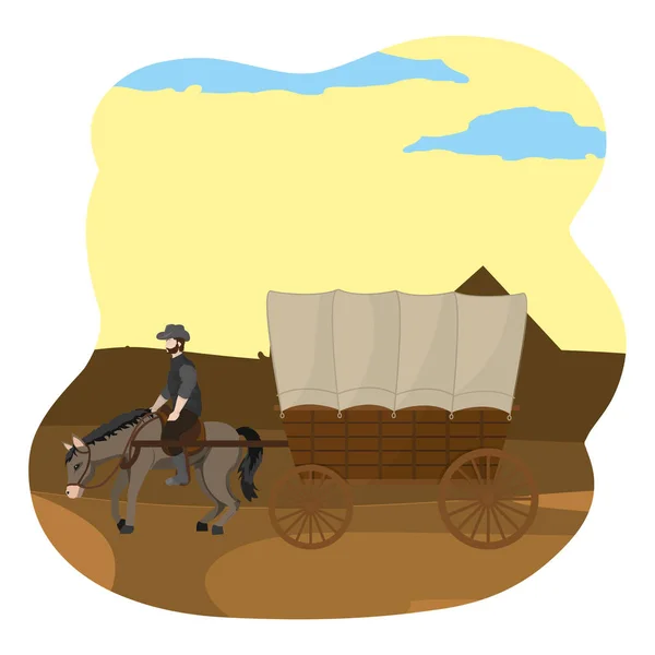 Homem Equitação Cavalo Com Carruagem Pirâmide Deserto Vetor Ilustração — Vetor de Stock