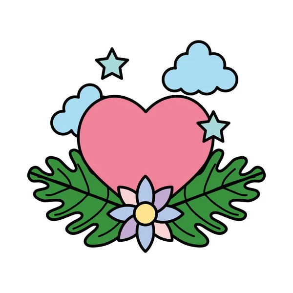 color heart with stars and ecology flower leaves vector illustration