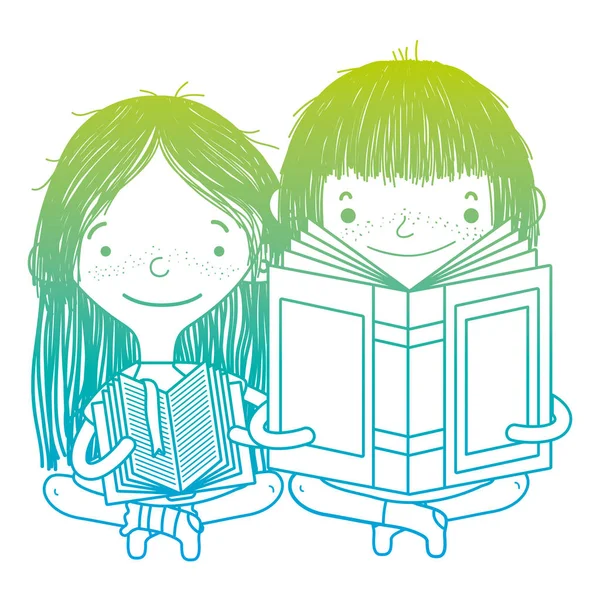 Línea Degradada Niña Niño Sentado Leyendo Libro Educación Vector Ilustración — Vector de stock