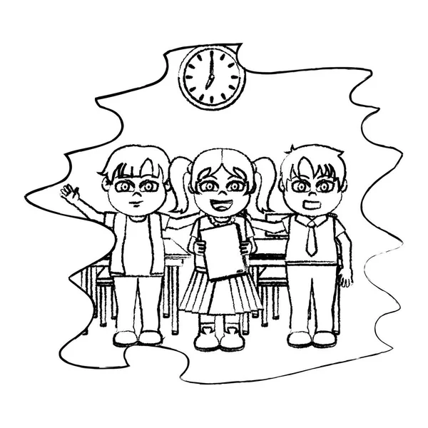 Grunge Estudantes Juntos Sala Aula Com Relógio Escrivaninhas Ilustração Vetorial — Vetor de Stock