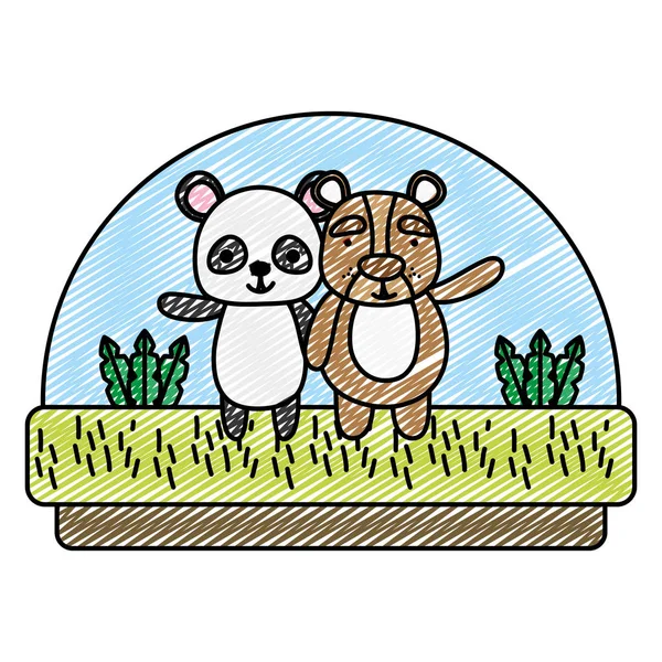 Doodle Panda Urso Amigos Animal Campo Vetor Ilustração — Vetor de Stock