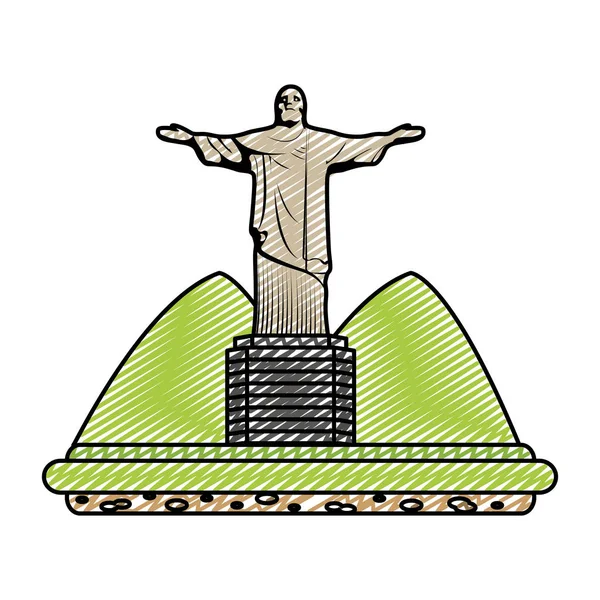 Doodle Cristo Religión Estatua Con Montañas Paisaje Vector Ilustración — Vector de stock